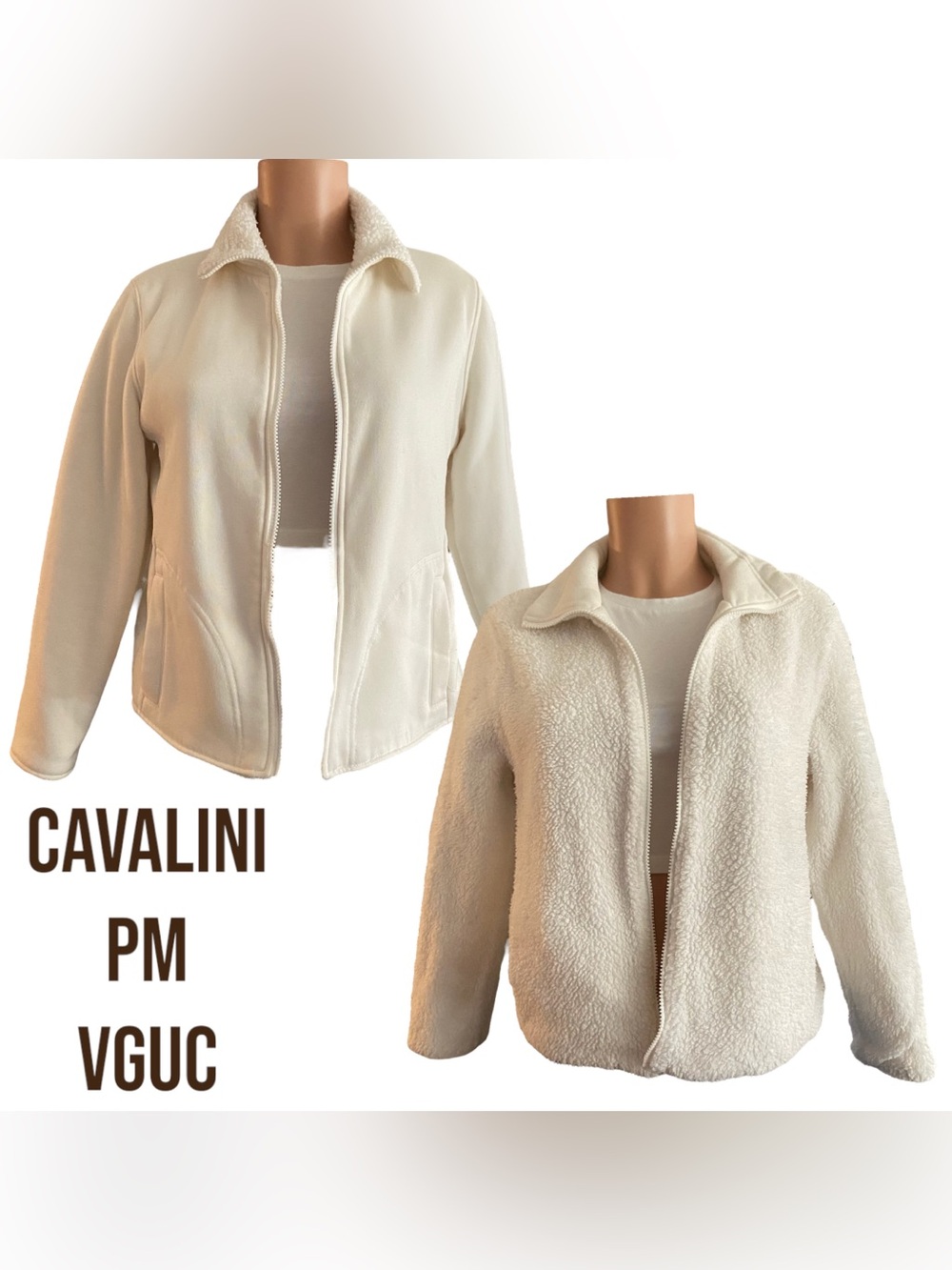 Cavallini Reversible Cream Fleece Jacket Full Zip Cozy Jacket Size PM